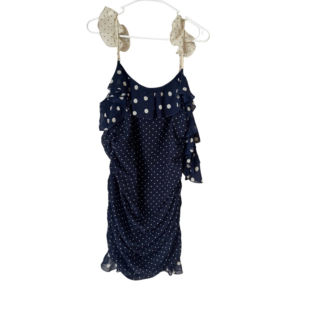 ASOS DESIGN Navy Blue Polka Dot Ruched Ruffle Mini Dress US 12 F102405